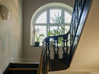 Dieses Bild zeigt eine Holztreppe mit dunklen Stufen und einem geschwungenen Handlauf. Im Hintergrund sind zwei hohe, bogenförmige Fenster zu sehen, auf deren Fensterbänken zahlreiche grüne Zimmerpflanzen stehen, die viel Tageslicht hereinlassen.